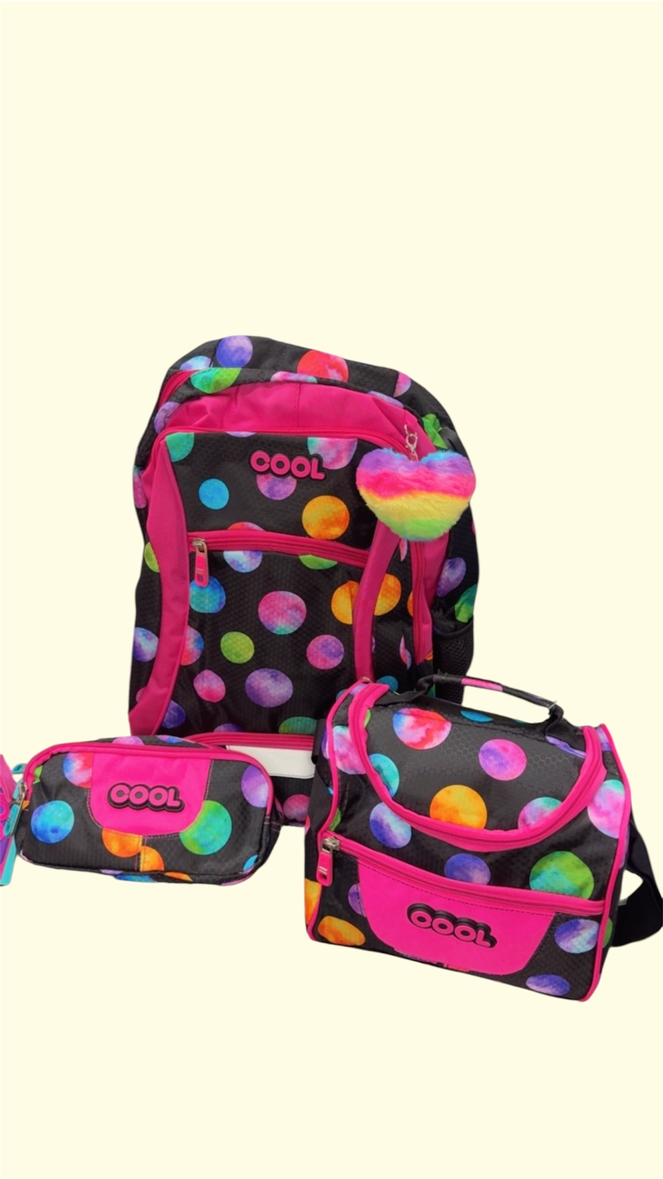 Combo mochila  x 3 Cool negra con círculos