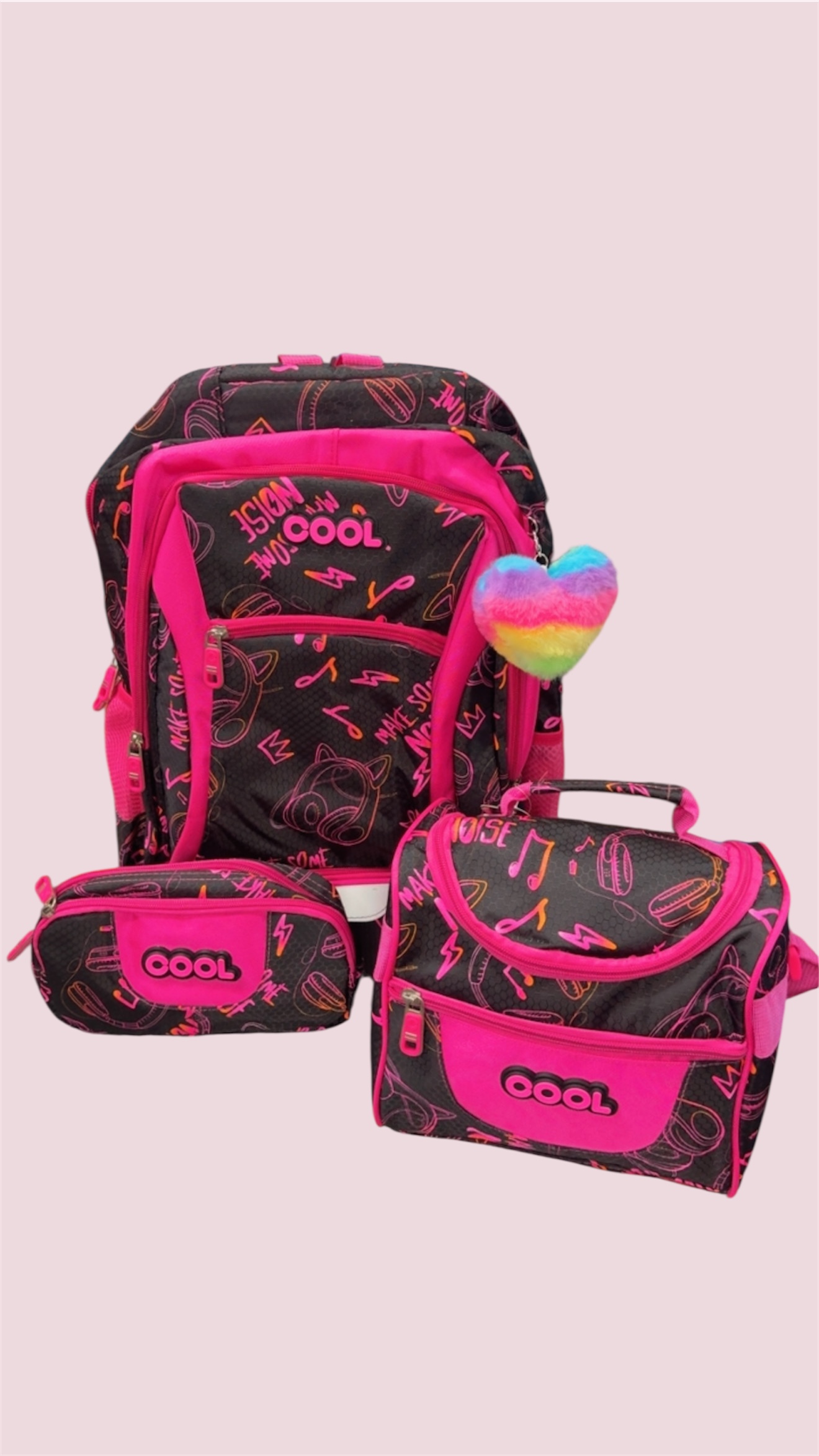 Combo mochila x 3 Cool negra con fucsia
