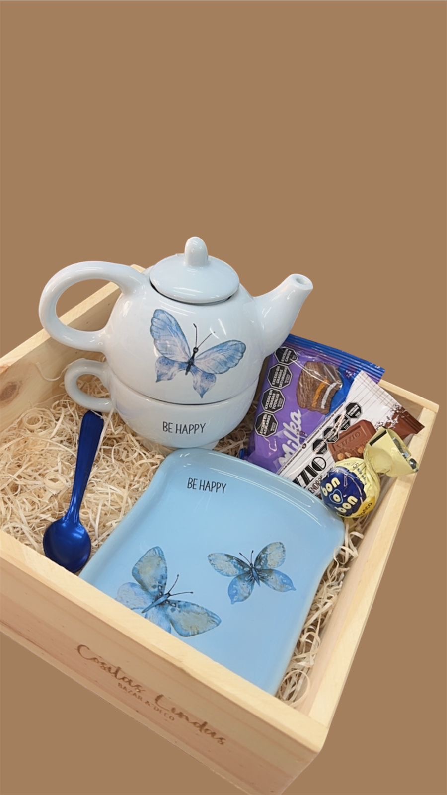 Set té para uno más bandeja y cuchara celeste